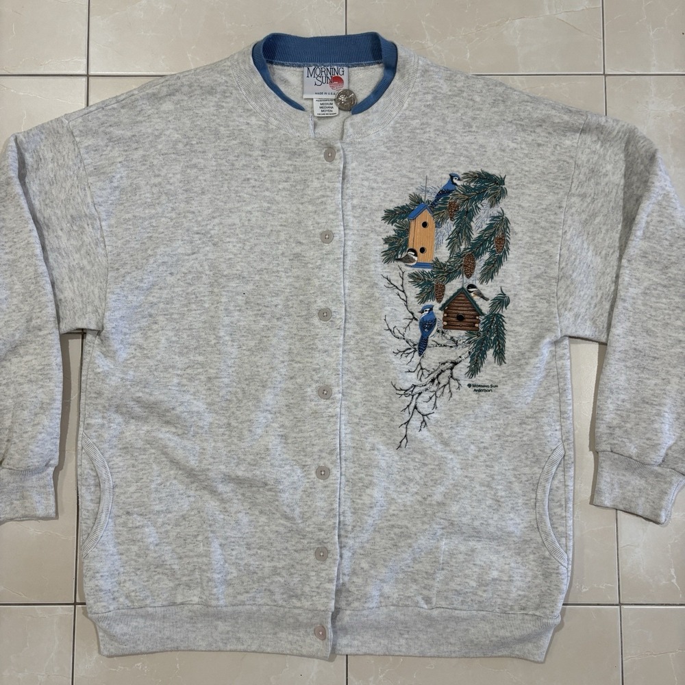 Vintage Morning Sun Sweater Men's Medium Grandpa Bird Nature Henley Made In USA